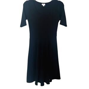 LULAROE SHORT SLV TEA-LENGTH FIT/FLARE WAIST DRESS, WOMENS, L, SOLID BLACK